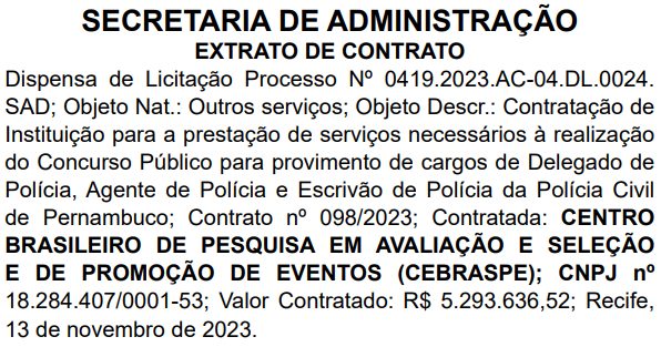Extrato de contrato confirma o Cebraspe como banca do concurso PC PE
