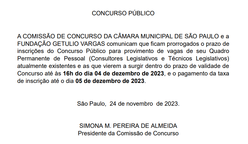 Concurso Câmara de São Paulo tem inscrições prorrogadas!