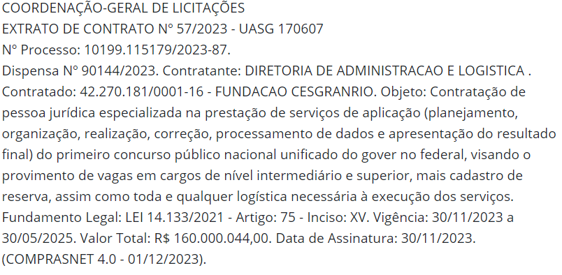 CNU: publicado extrato de contrato com a Cesgranrio!