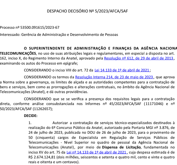 Despacho decisório que define Cebraspe como banca organizadora do concurso ANATEL
