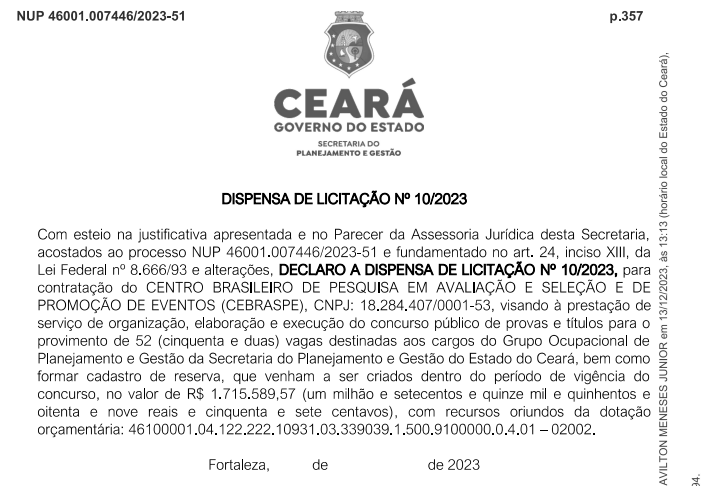 Cebraspe é definido como banca do concurso SEPLAG CE