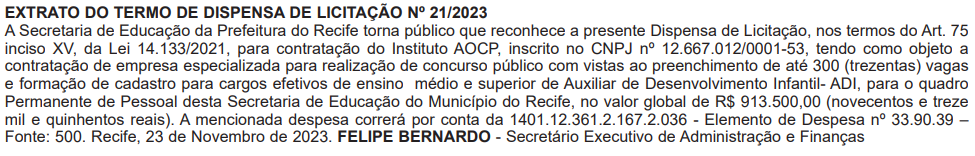Dispensa de licitação com banca Instituto AOCP.