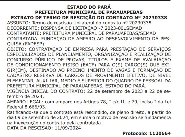 Contrato com a banca é rescindido