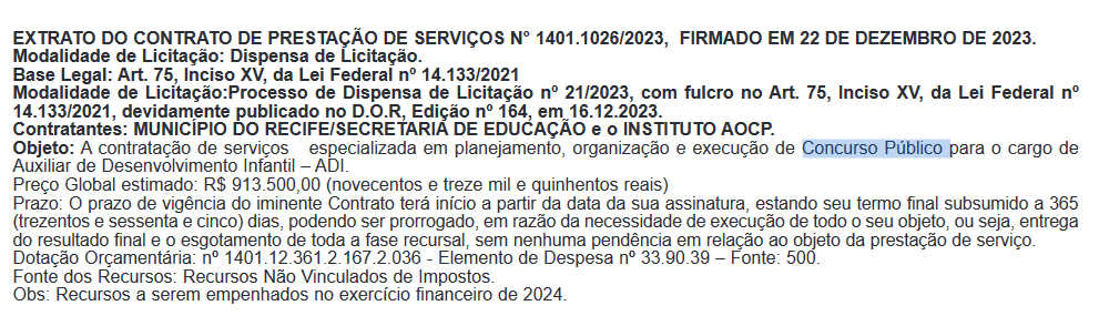 Concurso SME Recife: extrato com o Instituto AOCP publicado