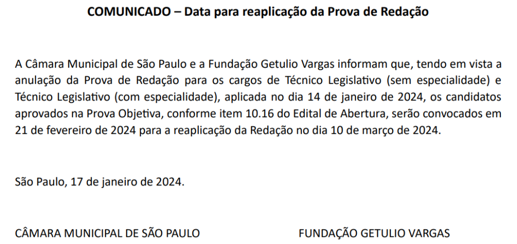 Concurso Câmara de São Paulo: provas remarcadas
