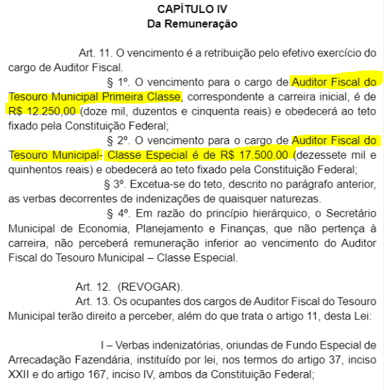 Documento de remuneração ao cargo de Auditor Fiscal