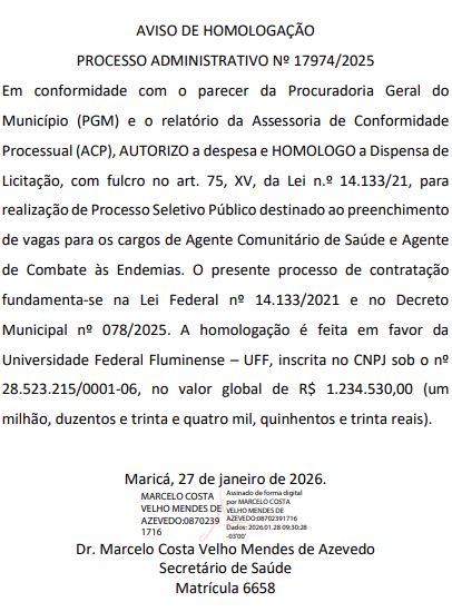 Aviso de homologação da dispensa de licitação