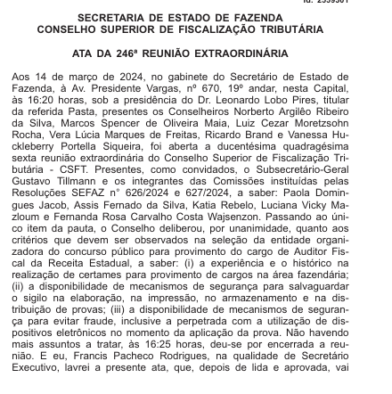 CSFT define critérios para a banca do concurso Sefaz RJ