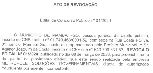 Documento de revogação do concurso da Prefeitura de Mambai