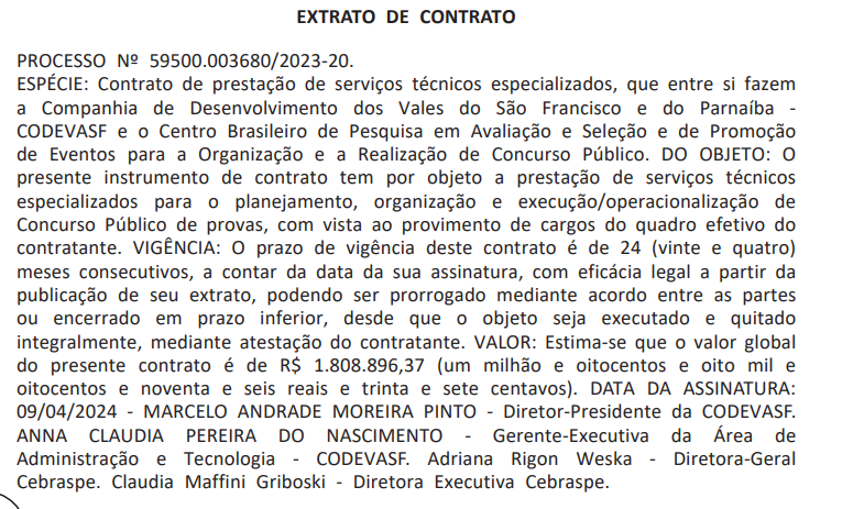 Extrato de contrato que confirma o Cebraspe como banca organizadora do próximo edital