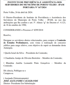 Concurso IPAM Porto Velho comissão de estudos formada