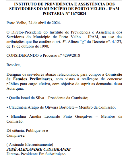 Instituída comissão de estudos para o novo concurso IPAM Porto Velho