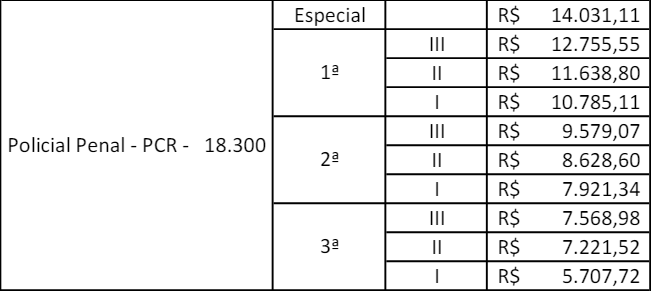 Tabela remuneratória do cargo de Policial Penal do Estado de Goiás.