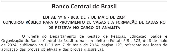 Informações sobre locais de provas do concurso BACEN estão sem efeito