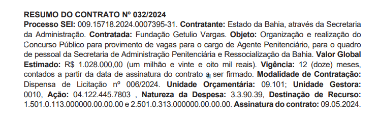 Extrato de contrato do concurso Polícia Penal BA oficializa FGV