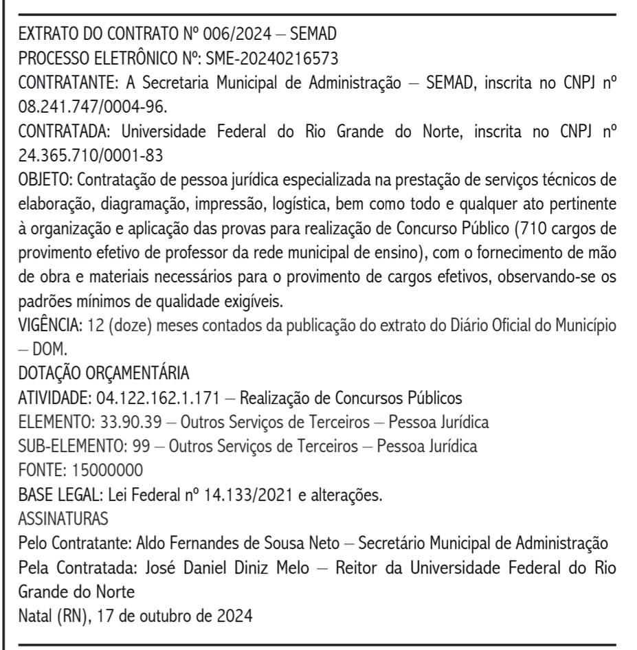 extrato de contrato SME Natal (RN)