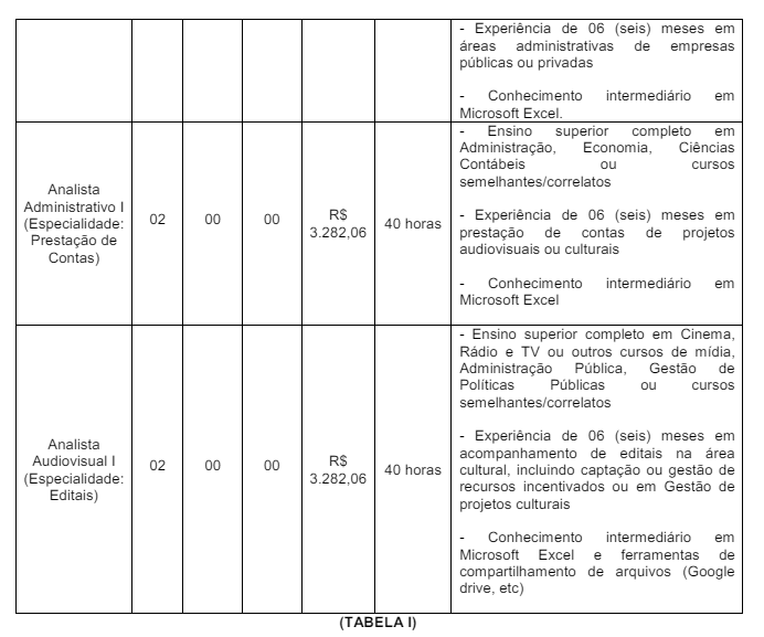 Tabela de detalhes dos cargos ofertados  no último edital SPcine