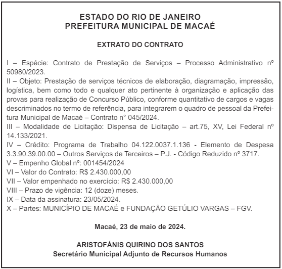 Extrato de contrato que confirma a FGV como banca organizadora do concurso macaé saúde