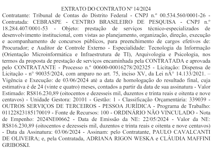 Extrato de contrato com a confirmação do Cebraspe como banca do novo edital