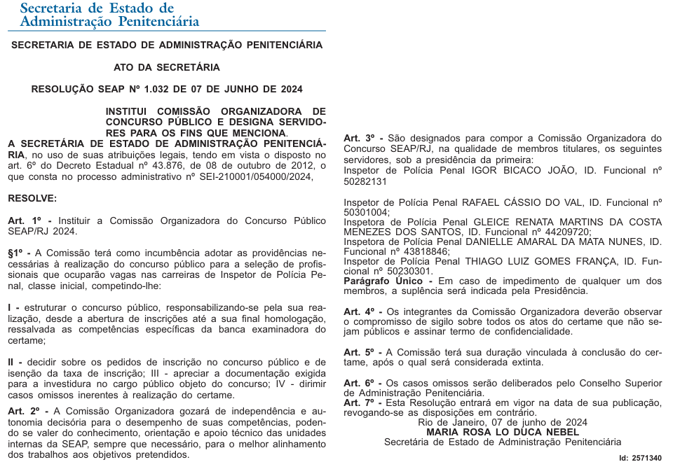 Comissão do concurso Polícia Penal RJ