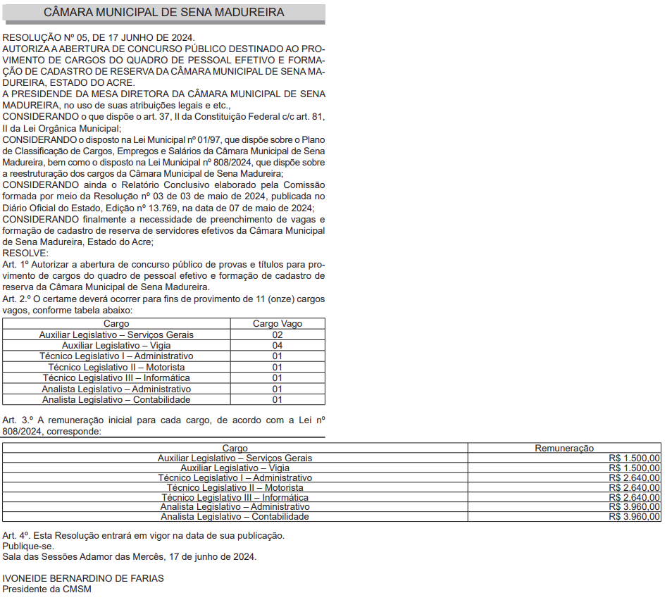 Quadro de autorização do concurso Câmara Sena de Madureira