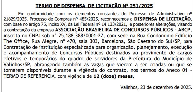 Concurso Valinhos SP: banca definida para novo edital!