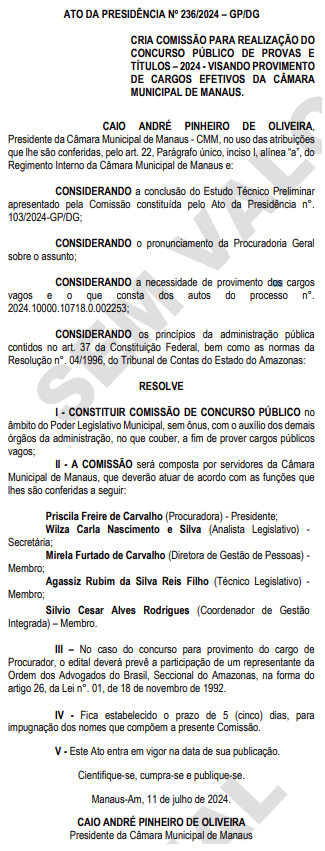 Comissão do concurso Câmara de Manaus