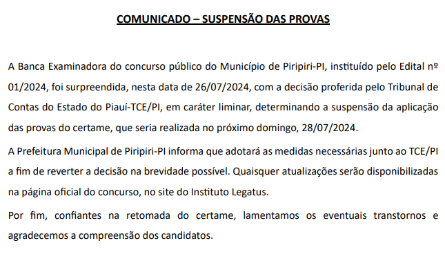 Comunicado anuncia suspensão das provas