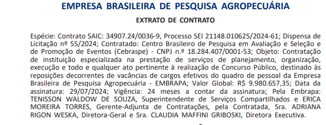 Extrato de contrato que confirma o Cebraspe como banca