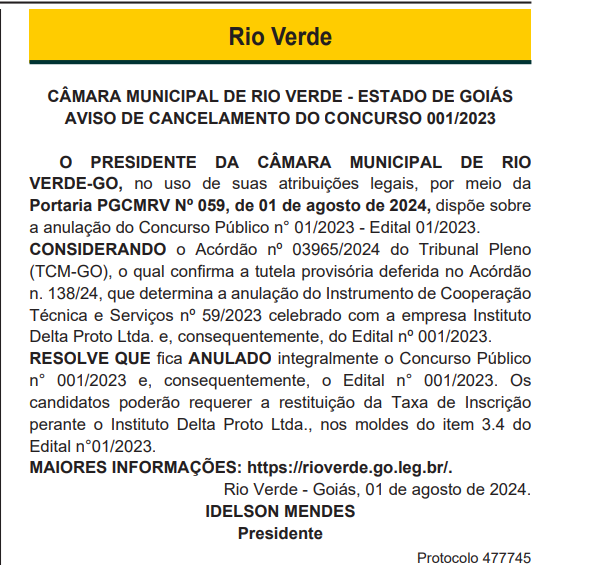 Concurso Câmara de Rio Verde é anulado