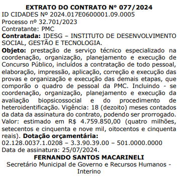 Extrato de contrato que confirma o IDESG como banca do novo edital