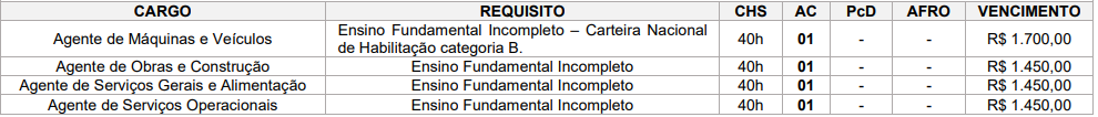 Distribuição das vagas aos cargos de nível fundamental