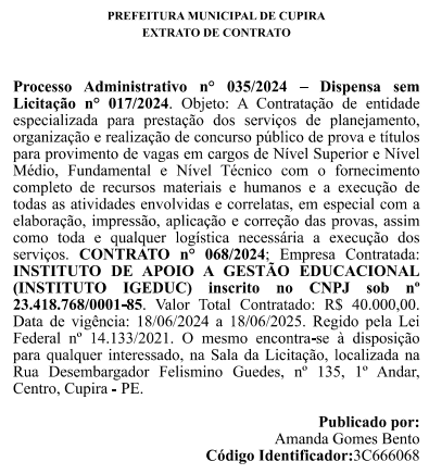 Extrato de contrato que confirma o Instituto IGEDUC como banca do novo edital