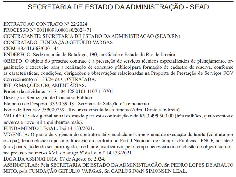 Extrato de contrato que confirma a FGV como banca do novo edital