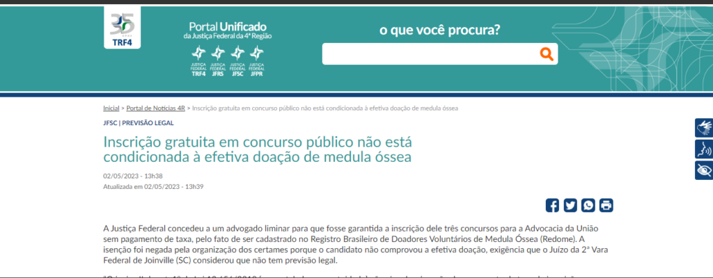 Decisão do TRF 4 destacando que não há necessidade da efetiva doação de medula para ter direito a isenção 