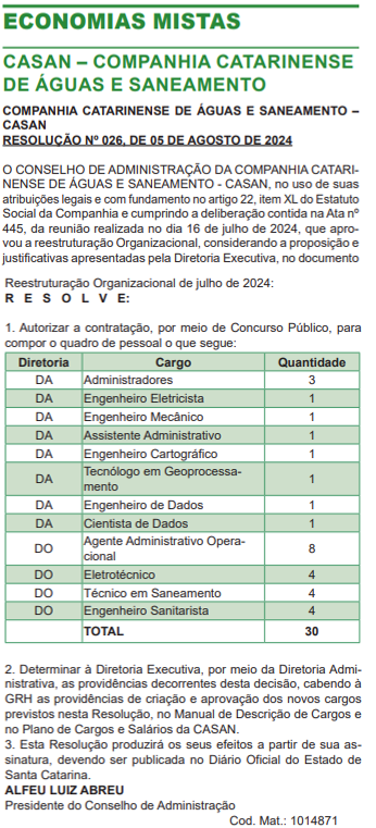 Nova autorização para o concurso CASAN; mais 30 vagas!