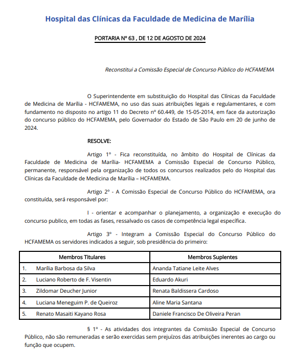 Comissão formada para o novo concurso HCFAMEMA