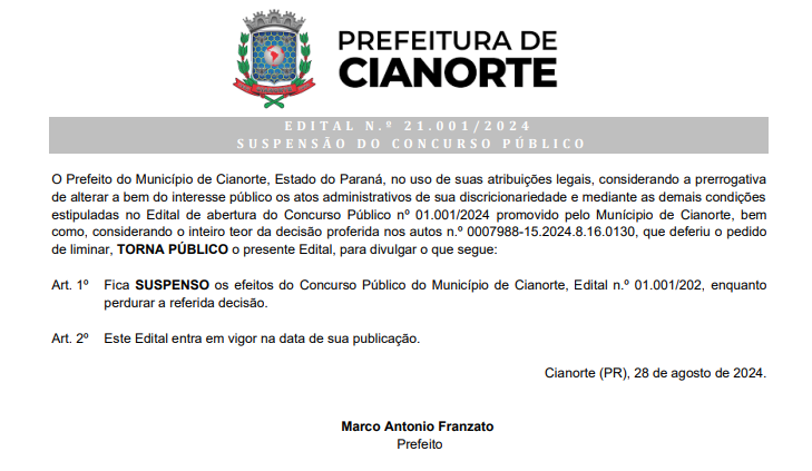 Concurso da Prefeitura de Cianorte PR tem edital suspenso!