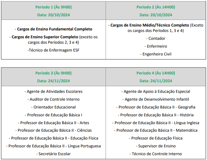 Tabela com as datas e horários de aplicação das provas objetivas