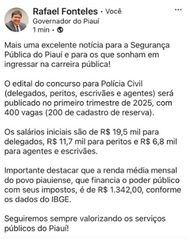 Governador anuncia novo concurso PC PI em 2025