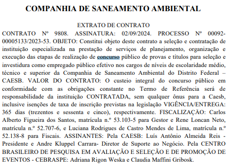 Extrato de contrato que confirma o Cebraspe como banca do novo edital