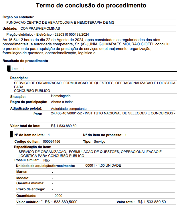 Assinado contrato com a banca do concurso Hemominas