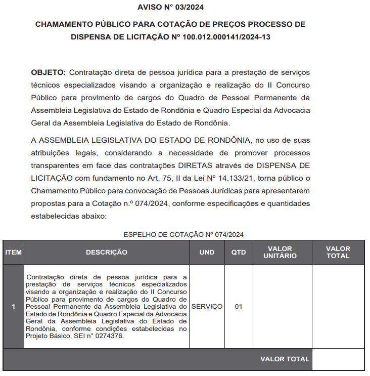 Chamamento para contratação da banca do concurso ALE RO