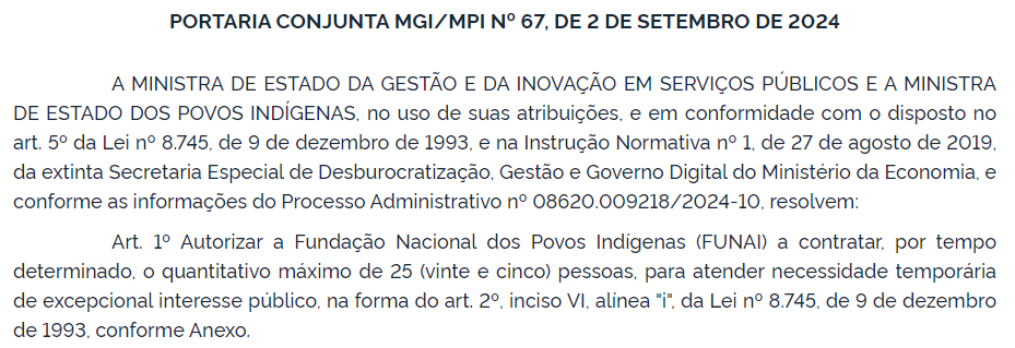 Autorização para realização de PSS Funai com oferta de 25 vagas temporárias