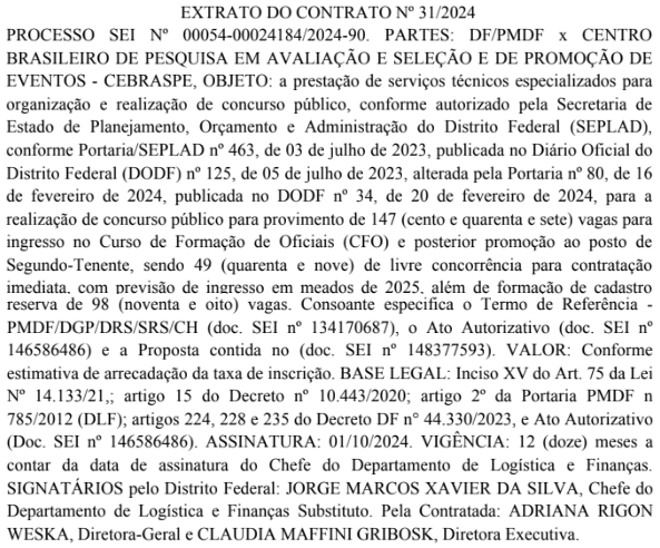 Extrato de contrato do Cebraspe PMDF