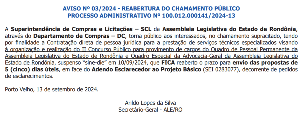 Escolha da banca do concurso da ALE RO é retomada