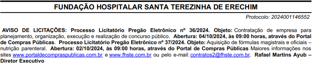 Aviso de licitação do concurso FHSTE RS