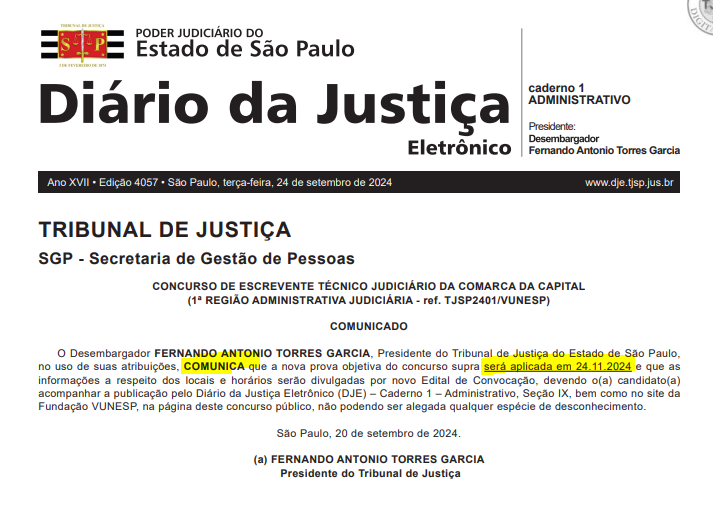 Quadro de informações do diário da Justiça de SP informando que o Concurso TJ SP terá provas para escrevente no dia 24/11!