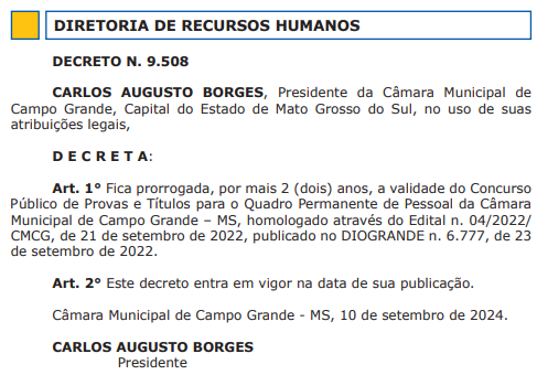 Validade do último edital da Câmara de Campo Grande é prorrogada