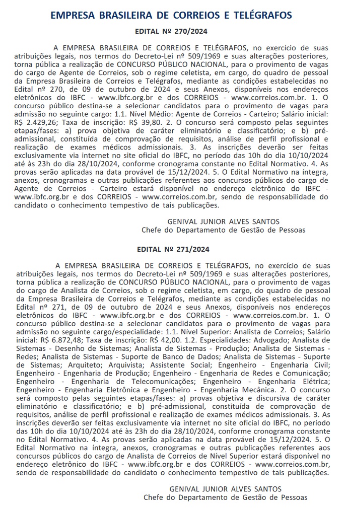 extratos dos editais concurso correios